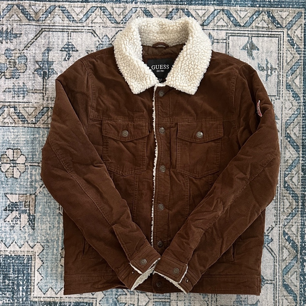 Guess Men's Brown Corduroy Jacket with Sherpa Lining